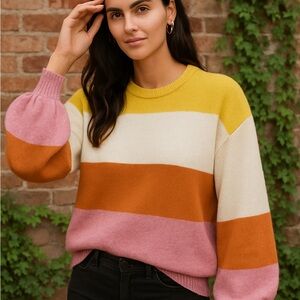 MADEWELL Yellow, Orange, and Cream Striped Gladwell Balloon Sleeve Sweater, S